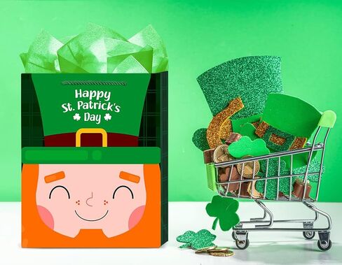 SICOHOME St Patricks Day Gift Bag 11.5"x 9" Green Buffalo Plaid Gift Bags with Tissue Paper, Happy St.Patricks Gift Wrapping Bags for Kids Classroom Party Favor Supplies in Kuwait