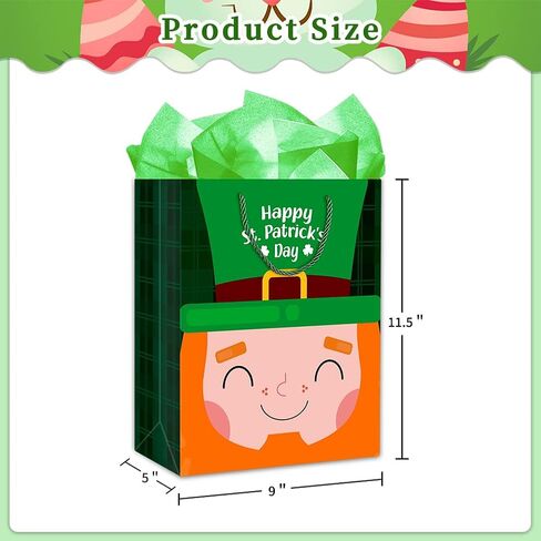 SICOHOME St Patricks Day Gift Bag 11.5"x 9" Green Buffalo Plaid Gift Bags with Tissue Paper, Happy St.Patricks Gift Wrapping Bags for Kids Classroom Party Favor Supplies in Kuwait