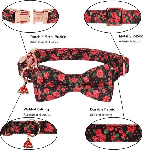 ADOGGYGO Floral Dog Collar with Bow, Red Rose Flower Dog Bowtie Collar with Metal Buckle, Adjustable Pet Floral Collars for Small Dogs (Small) in Saudi Arabia