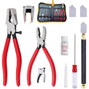 Tayfeim Glass Cutters Tools Set Glass Cutting Tool kit Glass Cutter Glass Running Pliers Breaker Grozer Pliers Stained Glass Tools with Oil Feed Curved Jaws Zipper Package