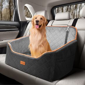Dog Car Seat for Medium Dog, Booster Car Seat for Dog Under 55lb, Elevated Pet Car Seat with Pocket, Anti-Slip Dog Bed for Car, Perfect for Back Seat & Trunk with 2 Safety Leashes(Black/Grey)