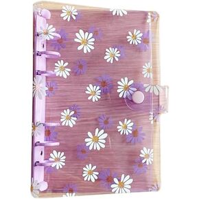 A6 6 Holes Transparent Daisy PVC Binder Cover Loose Leaf Sheet Protector Round Ring View Binder Notebook Planner Folder with Snap Button Closure Blue