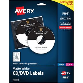 Avery Printable CD Labels, Matte White, Permanent Adhesive, Laser & Inkjet Printers, 40 Blank CD Labels & 80 Spine Labels, Great for CD Labels, DVD Labels, PC Disc Labels, and More (5192)
