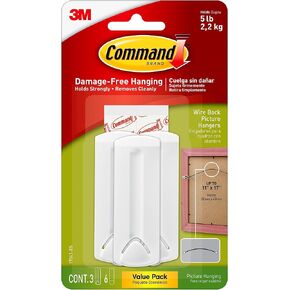 Command Wire Back Hangers, Holds up to 3 lb, 3 Hangers with 6 Command Strips, Damage Free Hanging Picture Hangers for Wire Back Frames up to 11" x 17", No Tools Frame Hanger for Living Spaces