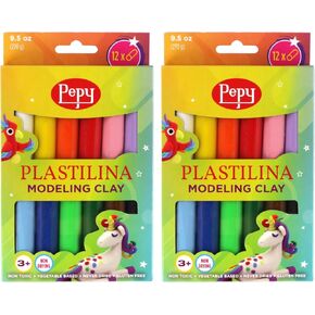 Pepy Plastilina Reusable and Non-Drying Modeling Clay; Box of 12-Color Sticks, 0.8 Ounce Each, Perfect for Arts and Crafts Projects