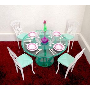 My Fancy Life Dollhouse Dining Set, Green Table with 4 White Chairs, Miniature Dining Room Playset