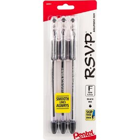 Pentel R.S.V.P. Ballpoint Pen, Fine Line, Black Ink, 3 Pack (BK90BP3A)