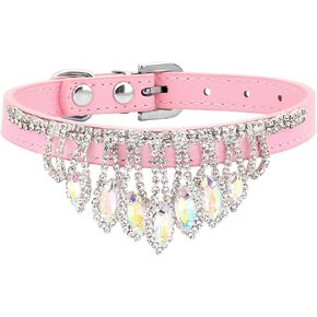 HOWWFALY Bling Rhinestone Crystal Dog Collar - PU Leather Adjustable Collar with Soft Crystal Decoration for Small & Medium Dogs (Pink)