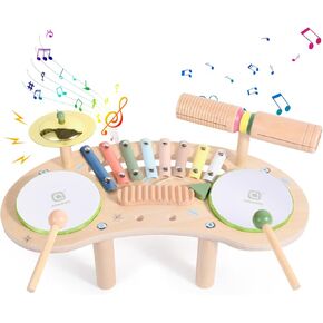 Asweets 7 in 1 Kids Drum Set for Toddlers Wooden Xylophone Musical Instruments Kit Play Set for Toddler Baby Drum Set Montessori Toys Sensory Toys Birthday Gifts for Girls Boys (Moon)