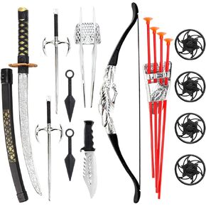 Liberty Imports Ninja Warrior Bow and Arrow Archery Set with Katana Sword, Sai, Melee Toy Weapons for Kids Pretend Role Play Equipment, Cosplay, Costume Accessories