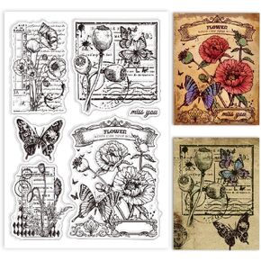 Globleland Poppies Butterflies Clear Stamps للبطاقات التي تجعل الخلفية المزخرفة بالسيليكون واضحة ختم الأختام الشفافة ل Diy Scrapbooking ألبوم مجلة ديكور المنزل
