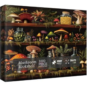 Beautiful Mushroom Bookshelf Puzzles for Adults 1000 Pieces Nature, Colorful Plant Bottle Art Jigsaw Puzzles, Pretty Scenic Painting Fantasy Puzzle