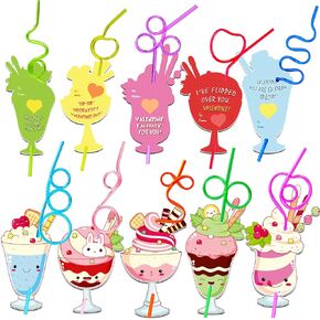 Valentines Day Cards for Kids School, 30 PCS Valentines Day Cards with Loop Reusable Drinking Straws Toys