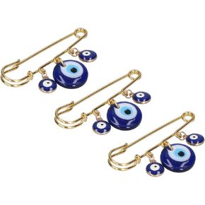 Evil Eye pin, 3pcs Blue Eye Clothing Pins, Clothing Golden Pins with Blue Eyes Shaped Pendant for Clothing, Handbags, Scarf Decoration
