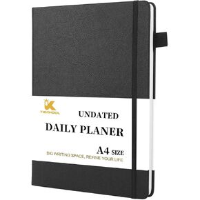 Undated Daily Planner,Undated Planner with Hourly Schedules, Action Items and Follow-up, A4 Daily Organizer Notebook to Increase Productivity, 8.5 × 11 In,Black-PU