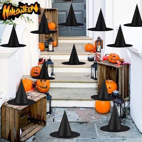 12 PCS Halloween Witch Hats ، قبعة ساحرة سوداء معلقة ، قبعات ساحرة زينة ملحق ، قبعة ساحرة سوداء مع حبل معلقة 115 قدمًا للديكورات الداخلية في الهواء الطلق للمنزل للمنزل شرفة الشرفة