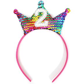 Rainbow Birthday Crown Headband - Rainbow Glitter Girls Birthday Party Hair Accessories, Pearl Number Birthday Crown Headband (rainbow 2nd birthday crown headband)