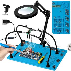 10X Magnifying Glass with Light, Soldering Helping Hands Repair Mat, Any Color Stepless Dimming Magnifying Lamp, 4 Flexible PCB Arms, Non-Slip Weighted Base Magnifier for Miniatures Paint Craft