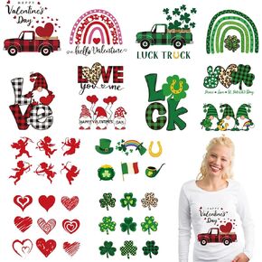 Whaline 14Pcs St. Patrick's Day Iron On Transfers Patches Gnome Love Heart Cupid Car Pink Luck Shamrock Leopard Heat Transfer Stickers Valentines Iron On Vinyl Decal for Clothing Fabric DIY Decor