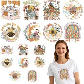 نقل DTF جاهز للضغط - 16pcs الحديد البوهيمي على التحويلات ل tshirts ، نقل الحرارة الصوفي فينيل بوهو الحديد على ملصقات بقع الشارات لوسائد الملابس كيس ديي الحرف اليدوية