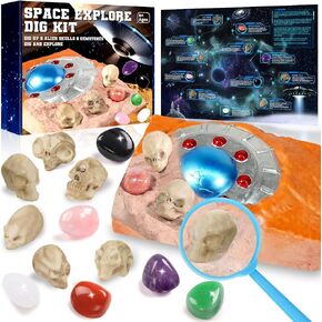 Rileryan Dig Kit, Dig Up 12 PCS Real Gemstones Crystals and Alien Skulls with Dig Tools, Rock Dig Kit Spaceship Explore Discovery Dig Monster for Easter Gifts