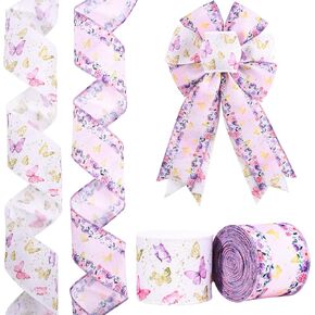 2 Rolls 20 Yards Butterfly Wired Ribbon Spring Ribbon Wired Watercolor Floral Butterfly Ribbon for Crafts Gift Wrapping DIY Bows Wreath Decorations
