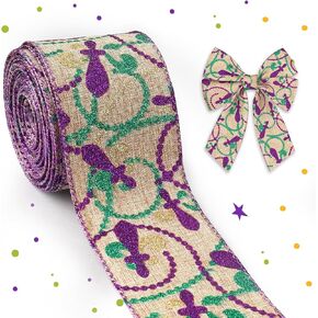 Threetols Mardi Gras Wired Edge Ribbons 2.5" 10 Yards, Linen Purple Green Yellow Glitter Ribbon Fleur De Lis Gift Wrapping Ribbons for Mardi Gras Party DIY Craft Wreaths Bows Decoration