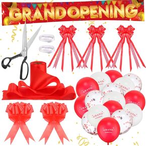Poen Grand Opening Ribbon Cutting Ceremony Kit Grand Opening Banner with 12" Latex Balloons Scissors Red Satin Ribbon Bow and More Supplies Grand Opening Decorations Backdrop Decor for Shop Restaurant