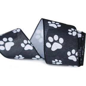 Black and White Paw Print Wired Edge Ribbon, Burlap Dog Cat Pet Paw Ribbon Wired for Wreath, 2.5" x 10 Yards (Black&White), RDB-348