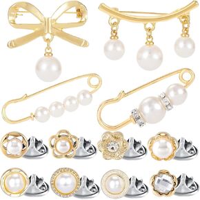12pcs Pearl Junk Sock Charms Women Gold Rhinestone Bow Brooch Safety Pins Pants Clips to Tighten Waist Sweater Shawl Pins for Women Hats Clothes Shoes