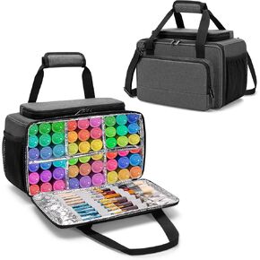 Acrylic Paint Storage Case Hold up to 54 Bottles (2 oz), Paint Carrying Case with Shoulder Strap and Handle, Paint Bottle Organizer Bag with Brush Storage, Easy Cleaning Liner, Grey