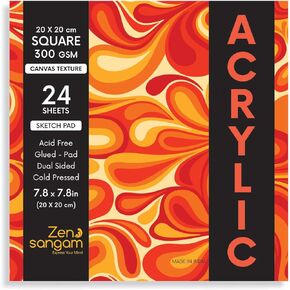 Zen Sangam Artists’ A5 Acrylics Glued Sketch Paper Pad - 300 GSM - Cold Pressed - (24 Sheets) - Canvas Texture Surface - 14.8x21cm - for Acrylics, Tempera, Poster Paint, Heavy-Body Paints, Oil Paints