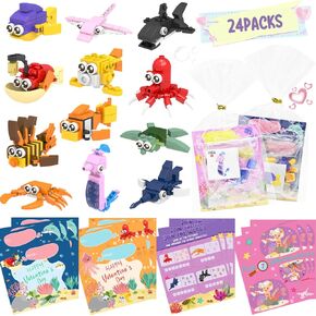 WODMAZ 24 Packs Valentines Day Cards with Sea Animal Building Blocks for Kids Valentines Exchange Gifts, Valentine Party Favors, Valentine's Greeting Cards, Classroom Exchange Prize
