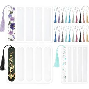 3 Shiny Bookmarks Silicone Mold Set,Reusable Bookmark Resin Mold Kit with 20pcs Tassels Bulk for DIY Bookmark Making, Small Medium Rectangle Bookmark Mold with 3 Shapes for Epoxy Resin Casting Crafts