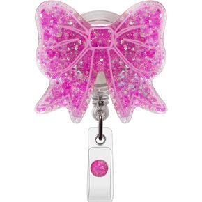 Sparkling Bow Badge Reel, with Retractable Cord and Swivel Alligator Clip, for Nurses Teachers Doctors Medical Assistants (Rose Gold)