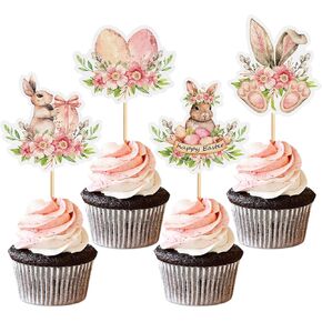Ercadio 24 Pack Easter Bunny Ear Cupcake Toppers, Blue Glitter Rabbit Ears Cupcake Picks, Easter Day Cake Toppers for Easter Theme Spring Birthday Baby Shower Party Supplies