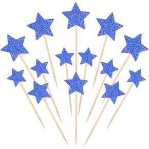 42 Pcs Blue Little Star Cupcake Toppers, Mixed Size Star Cake Topper Glitter Twinkle Star Cupcake Toppers Sticks for Baby Shower Birthday Party Star Cake Decorations Supplies