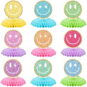 9Pcs Smile Face Honeycomb Centerpieces Embroidered Style Preppy Smile Pattern Tabletop Signs Tiered Tray Decor for Birthday Bachelorette Party Home Kitchen
