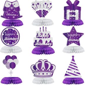 9PCS Purple Silver Happy Birthday Decorations Honeycomb Centerpieces for Women Men