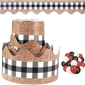 65.6 Feet Bulletin Board Borders, Christmas Buffalo Plaid & Burlap Classroom Borders for Bulletin Board, Border Trim for Christmas and Fall Classroom Decorations with 24 Pieces Balloons (Black White)