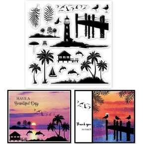 GLOBLELAND Island Silhouette Clear Stamps Coconut Tree Silhouette Silicone Clear Stamp Seals Tropical Tree Silhouette Transparent Stamps for DIY Scrapbooking Cards Making Photo Album