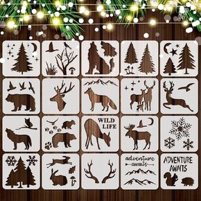 20 Pieces Forest Animal Wood Burning Stencils Wildlife Stencils Reusable Deer Bear Wolf Moose Drawing Templates for Painting on Wood Canvas Winter Christmas Party Crafts Decor