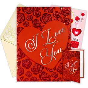 Decorably Red Foil Embossed 5x7in Individual Valentines Day Cards with Heart Cutout, Valentine's Greeting Card with Envelope and Stickers, with Printed Message Inside