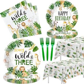 Jungle Animal 3rd Birthday Party Supplies - Young Wild And Three Decorations Tableware, Paper Plate, Napkin, Tablecloth, Fork, Safari 3-Year-Old Birthday Decorations Dinnerware | Serves 24