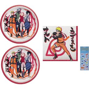 Naruto Birthday Party Supplies Bundle Pack includes 16 Lunch Paper Plates 9", 16 Paper Napkins, 1 Dinosaur Sticker Sheet