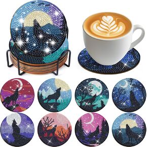 Sitsink Diamond Art Coasters Kit - Wolf Diamond Painting Coasters with Holder, Moon Wolf Diamond Painting Coasters, Starry Night Wolf Diamond Art Coasters Kit for Adults, Diamond Art