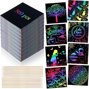 Lenwen 500 Pack Scratch Crafts Note Scratch Pads for Kids Birthday Scratch Paper DIY Paper Craft Arts Kits with 20 Bamboo Stylus Party Favors(Rainbow)
