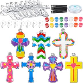 Poen 28 Sets Religious Cross Suncatchers Craft Kits Ornaments Christian Window Paint Art Suncatchers DIY Decor for Sunday School Vbs Easter Holiday Activities Home Party Favors(Cross)