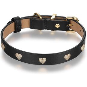 Scamper & Co Genuine Leather with Microfiber Bejeweled Heart Stud Dog Collar in Navy Blue, 13"
