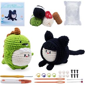 EOKPHULL Crochet Kit for Beginners, Easy Crochet Animal Set for Adults Kids with Step-by-Step Video Tutorials, DIY Knitting Kit Crafts Birthday Gifts (Dinosaur, Cat)